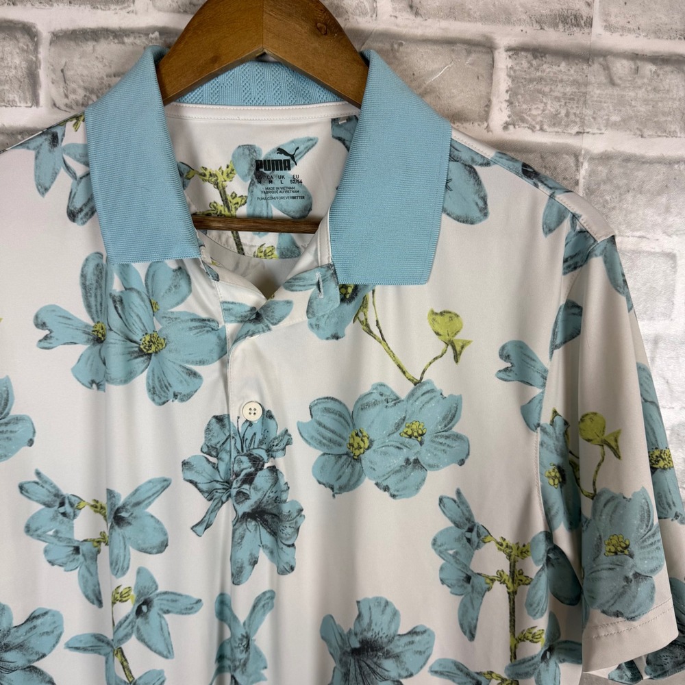 Puma Golf Mens Floral Print Polo Shirt White Blue Short Sleeve Size Medium